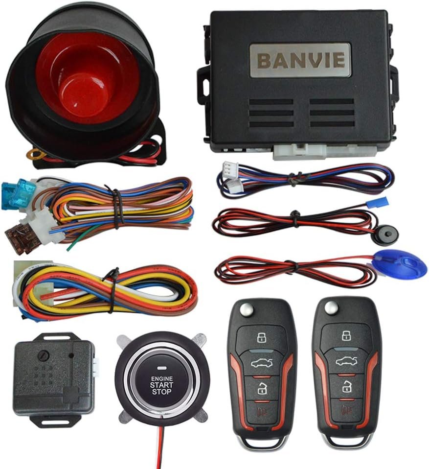 The complete BANVIE 1 remote start and alarm kit: siren, control module, wiring harnesses, shock sensor, push-to-start button, and two flip-key remotes.