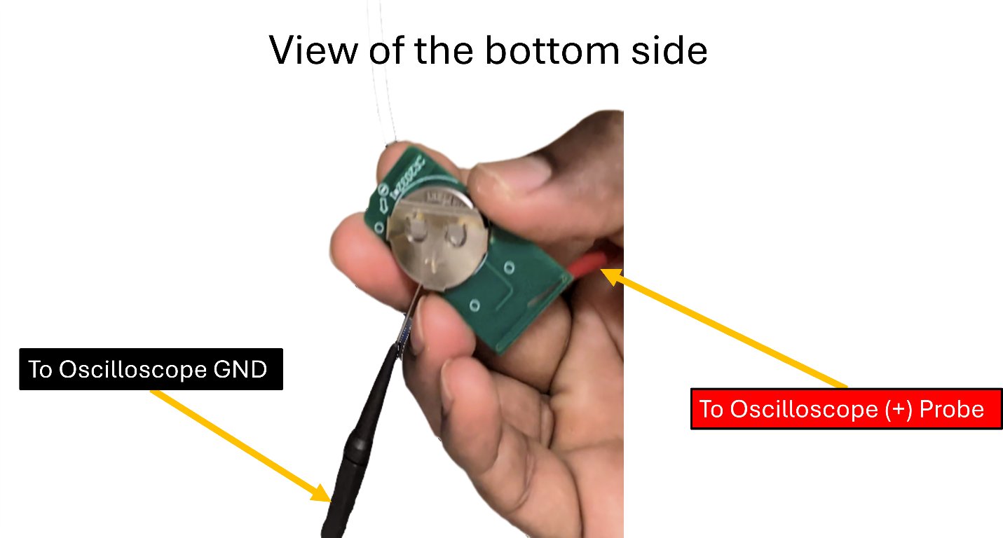 Oscilloscope probe connected to the antenna region of the remote key.