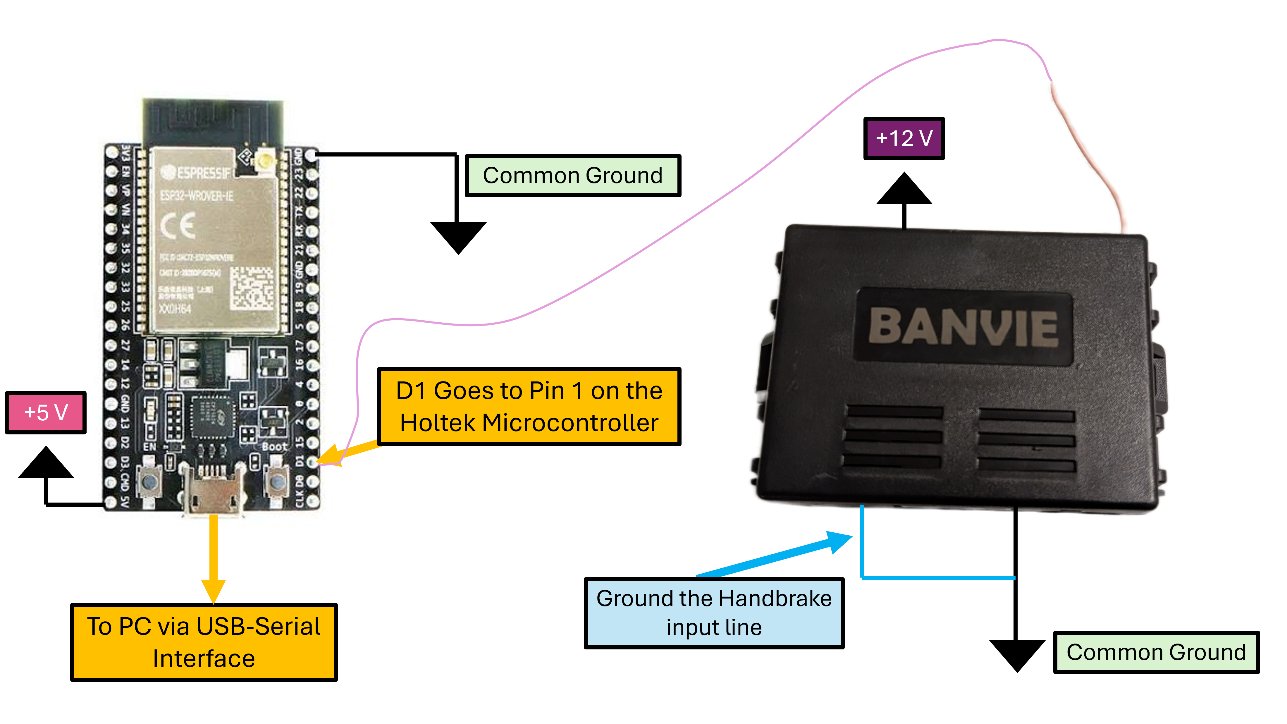 Wiring diagram for the NodeMCU/ESP32 injecting codes onto the BANVIE system's Holtek pin-1 tap wire, sharing a common ground.