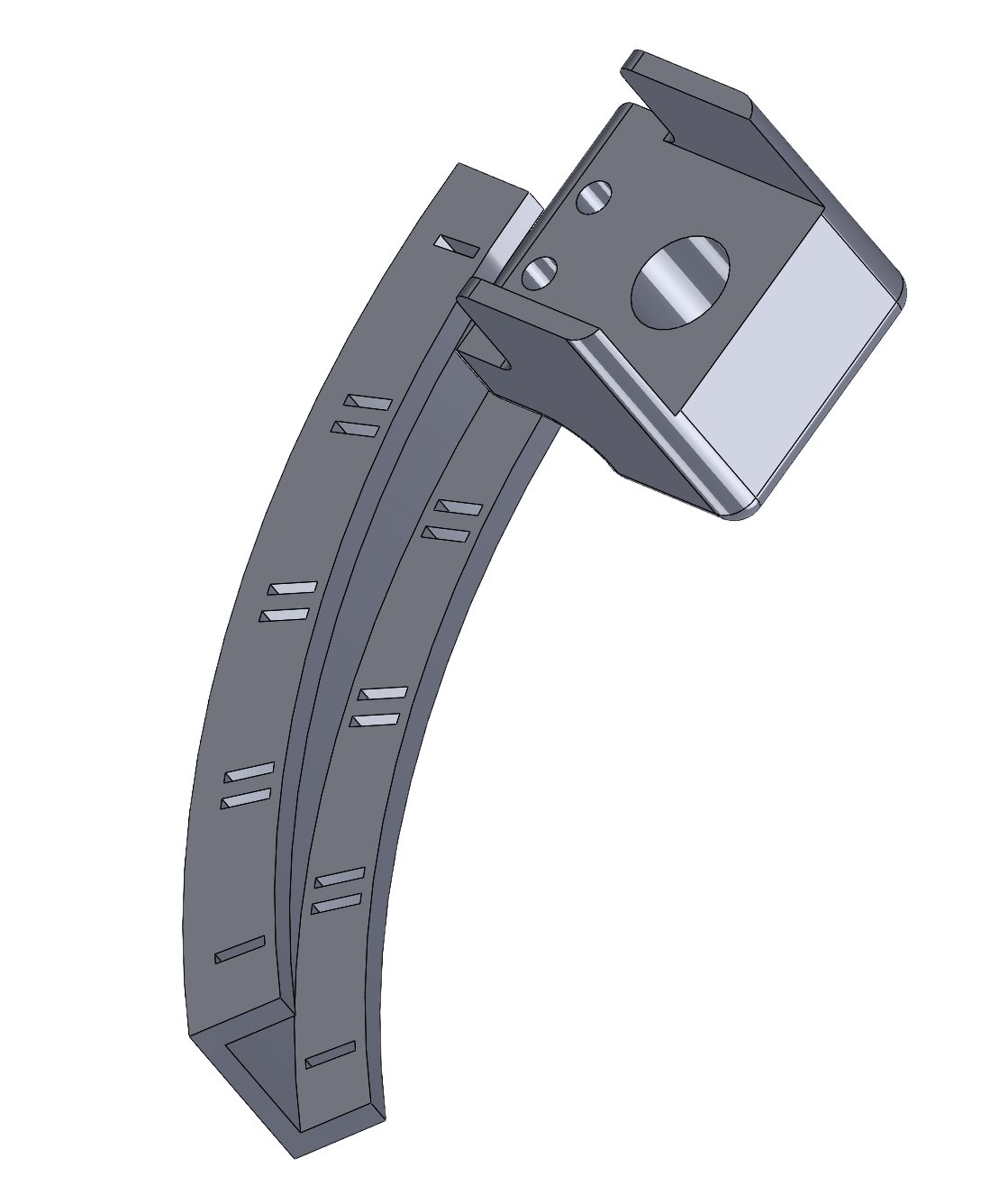 SolidWorks CAD render of the failed angular potentiometer housing built from copper contact pads.