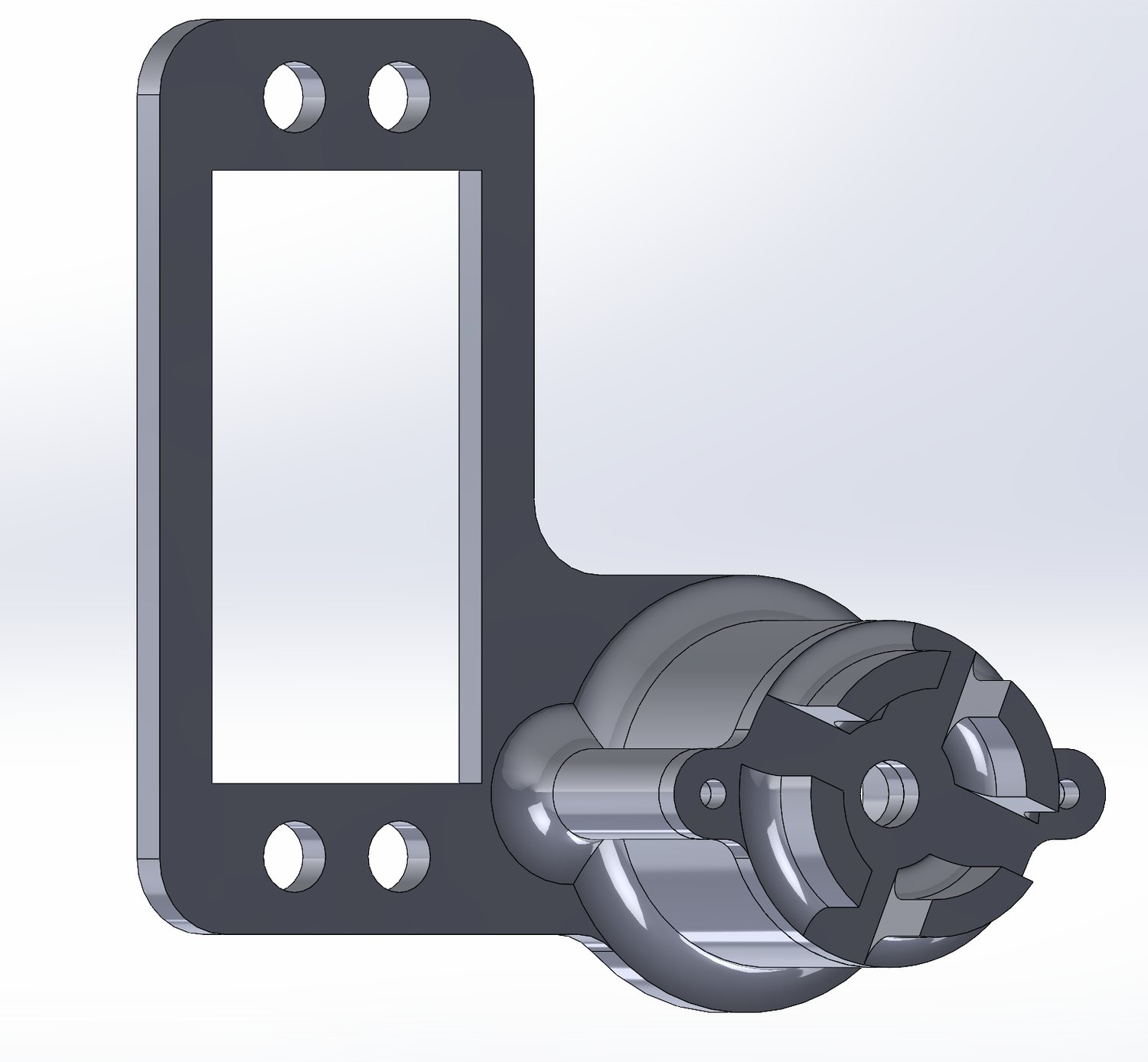 SolidWorks CAD render of the first servo bracket attempt, a single rectangular piece with a circular locating piece.