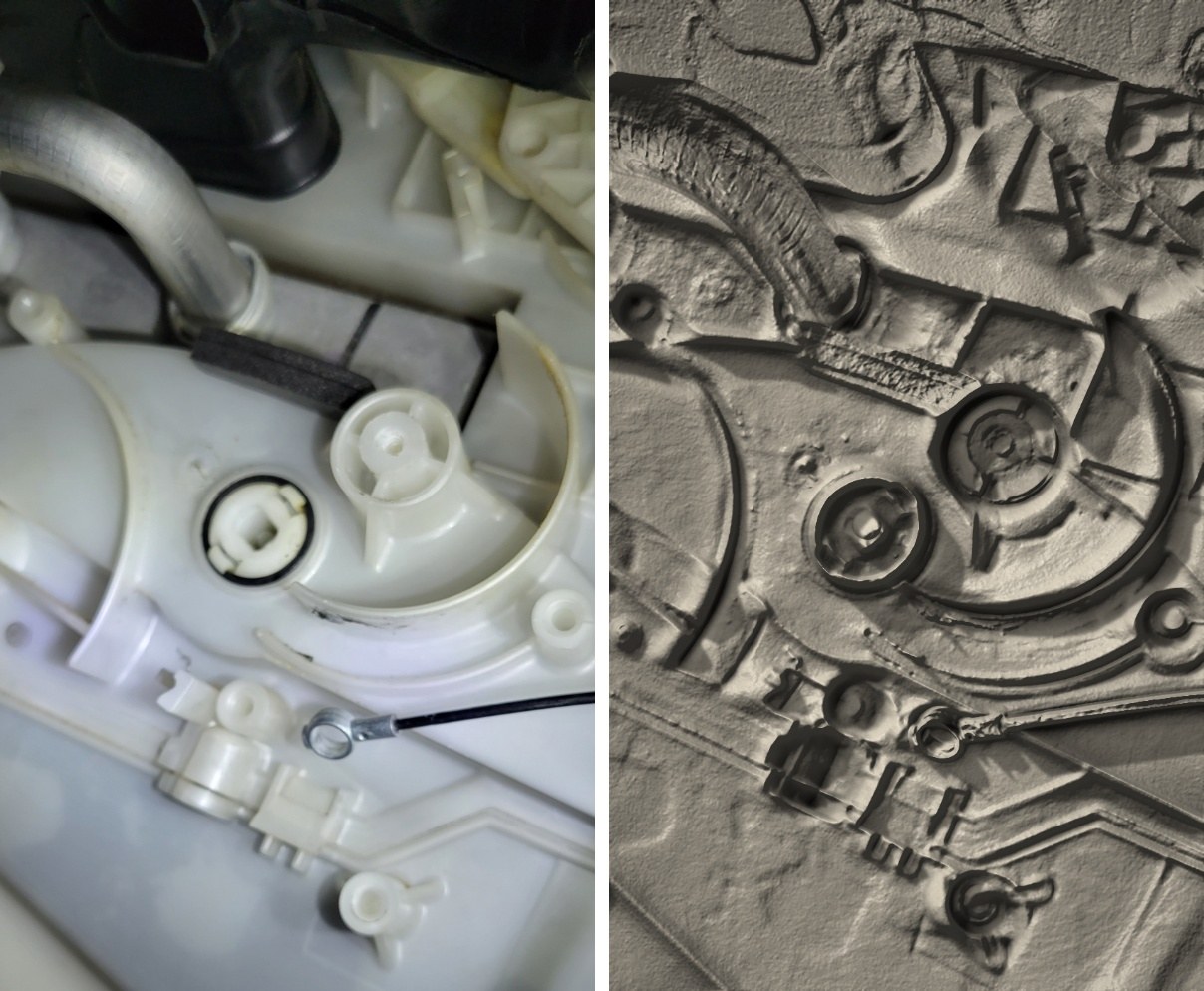 Left: the real actuator holes. Right: an AI-generated rendering approximating what the clay negative imprint of those holes looked like, since no photo of the actual imprint was taken.