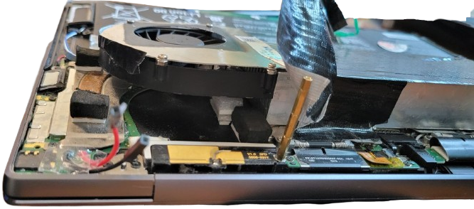 Rear view of the assembly showing the fan mounted directly behind the heatsink fin stack.