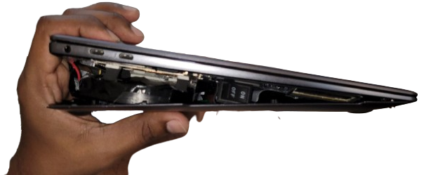 USB-C side profile of the laptop with the enclosure removed, showing the ON/OFF switch added to control the large fan.